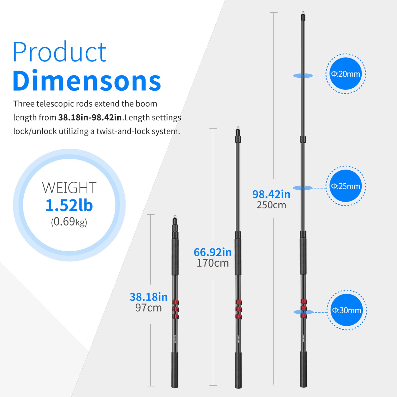 NEEWER NW-7000 Microphone Boom Arm, 3 Section Extendable Handheld Mic Arm with 3/8'' & 3/8'' to 5/8'' Screw Adapter, 3ft to 8ft